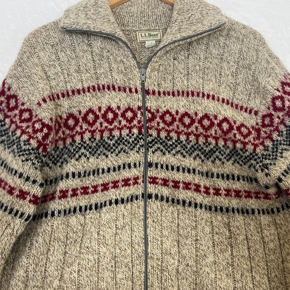 VNTG LL Bean Fair Isle Wool Zip Cardigan Sz L Made in USA Winter Outdoors Camp - Picture 3 of 12